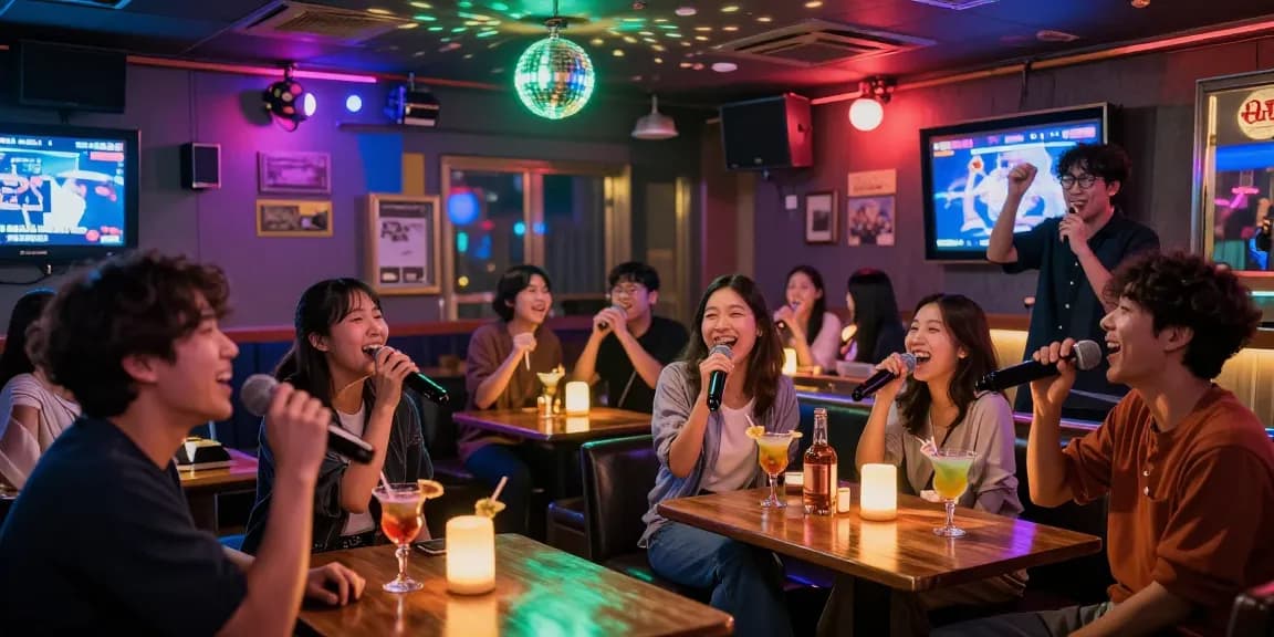 Energetic 제주유흥 scene in a Jeju karaoke bar with lively patrons enjoying drinks and singing.