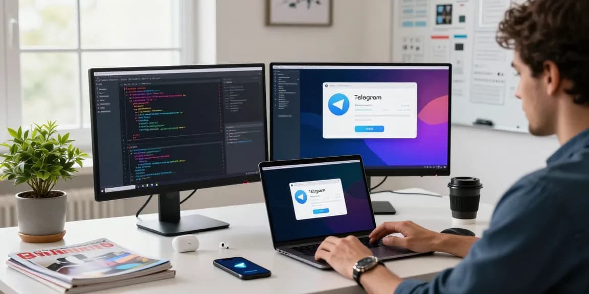 Engaging workspace focused on Telegram Download with tech enthusiast at a modern desk.