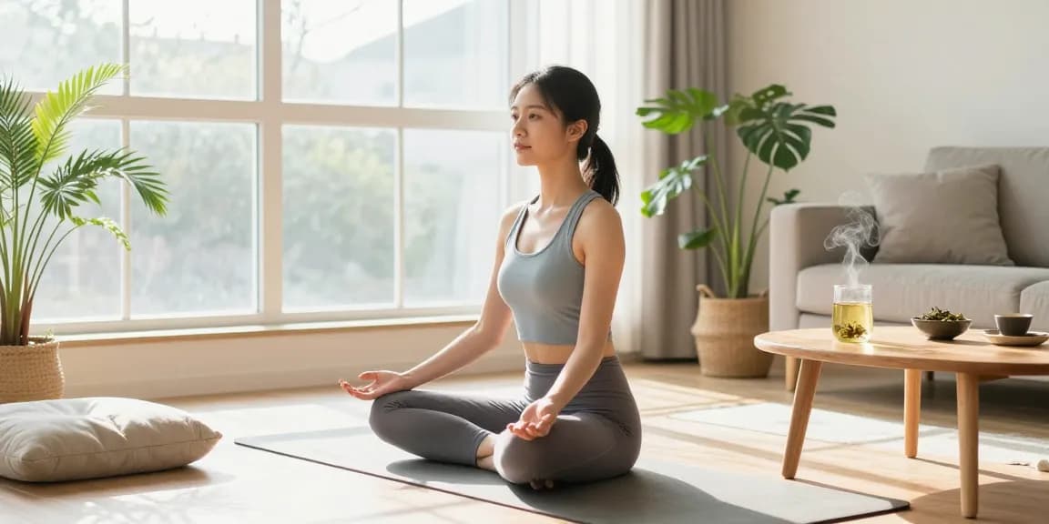 Woman practicing yoga in a calming home environment, showcasing cbdnorth.co's wellness focus.