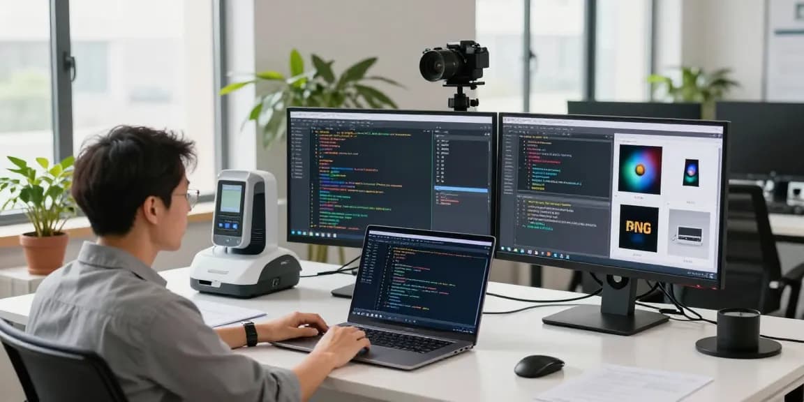 AI detector tool being used on a sleek laptop in a bright, modern office.