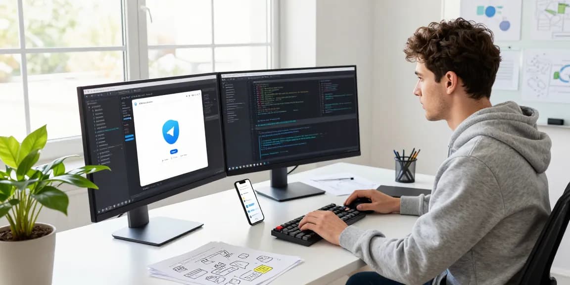 Telegram中文版下载 displayed on a developer's monitor in a bright digital workspace for effective software communication.