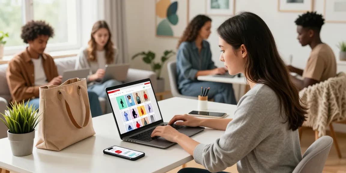 Vibrant e-commerce shopping scene showcasing diverse individuals browsing products online at https://forumup.org/shop/search.php?ca_id=&addr1=&addr2=&addr3=&schKeyword= in a cozy home workspace.