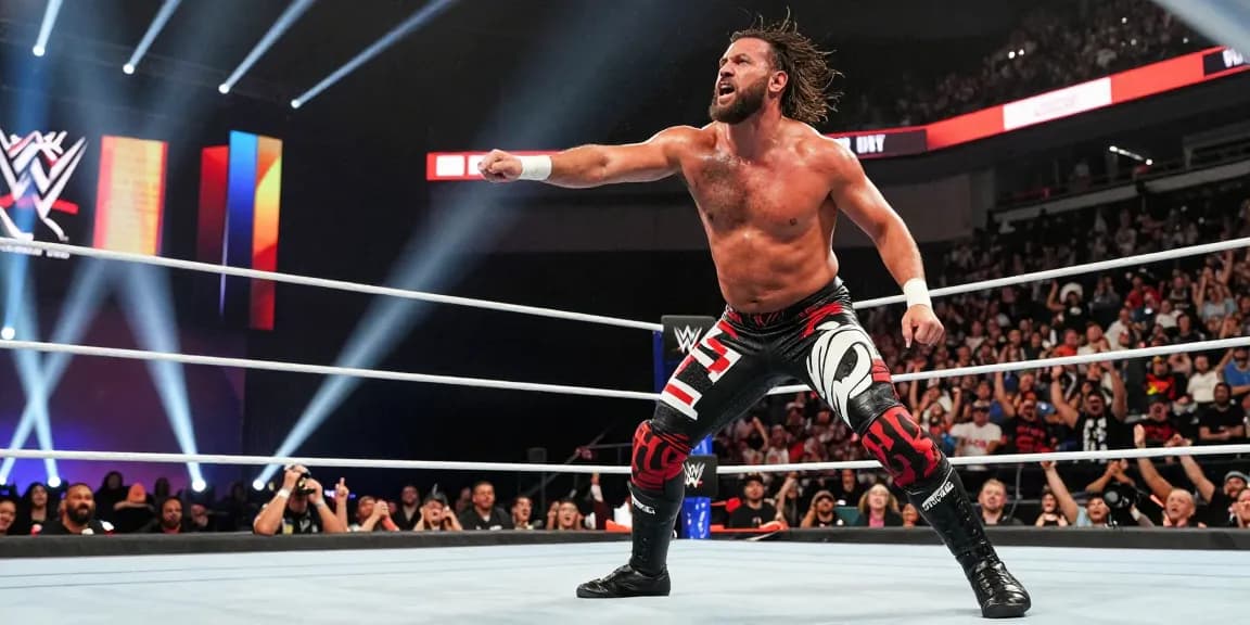 LA Knight showcasing athleticism in a WWE match, thrilling wrestling moment with vibrant audience and dramatic lighting.