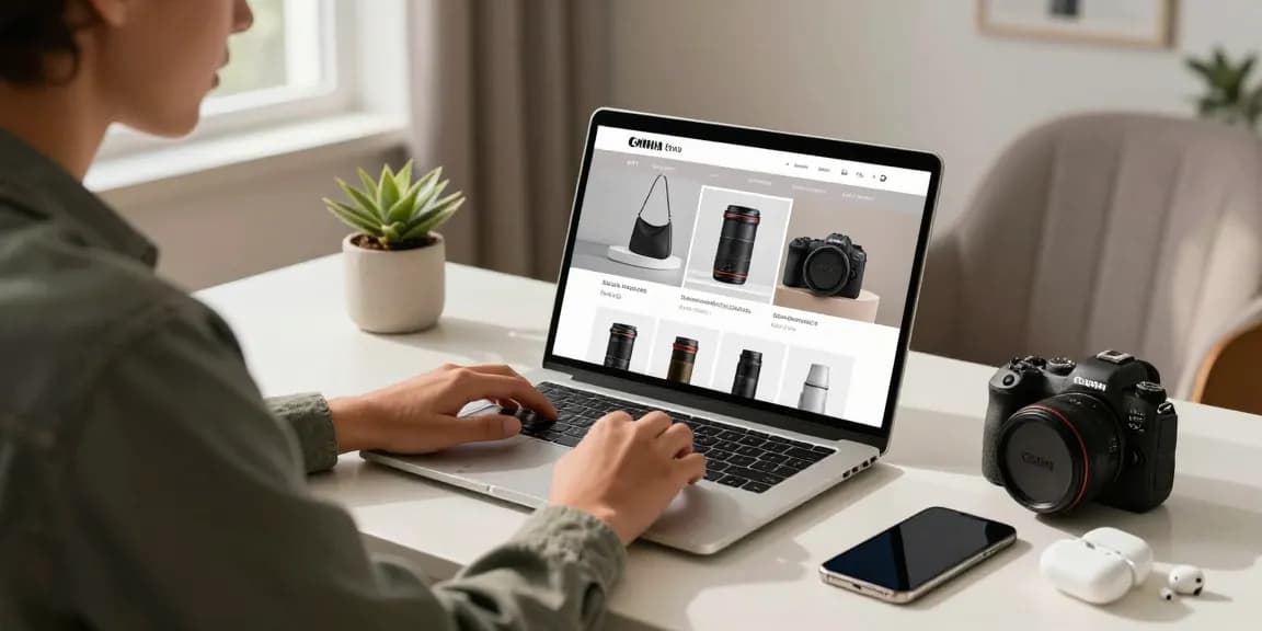 Shopping on a stylish replica site with quality products at home office.