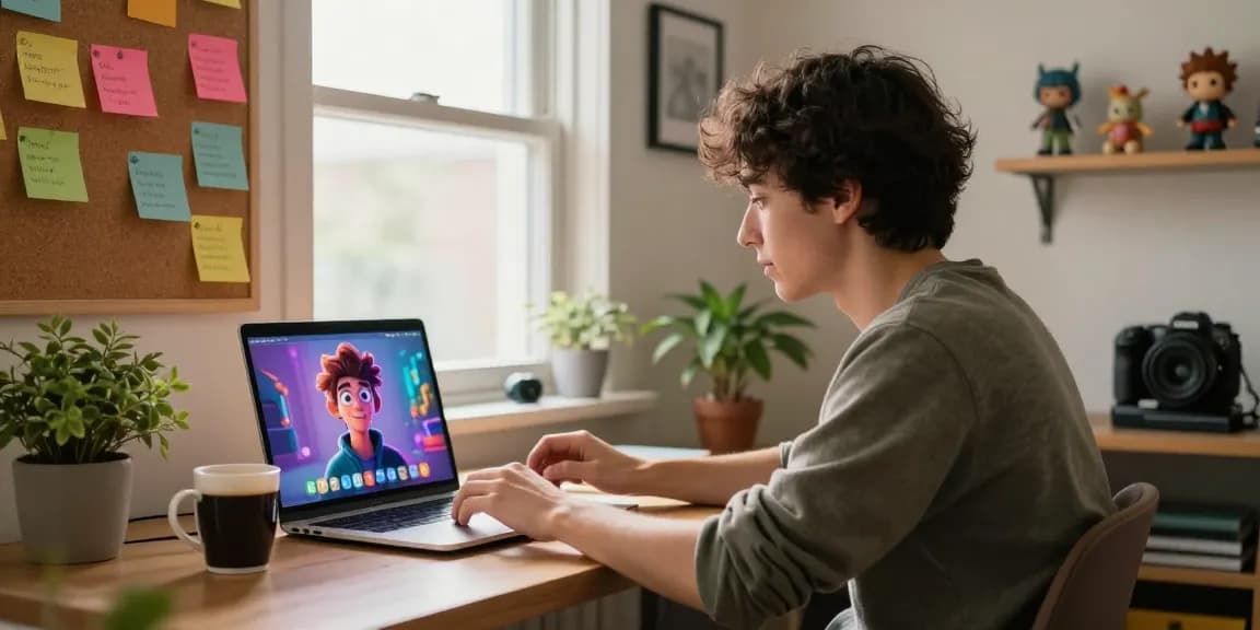 Interactive AI chat experience at home with crushon ia on screen, cozy workspace ambiance and vibrant decor.