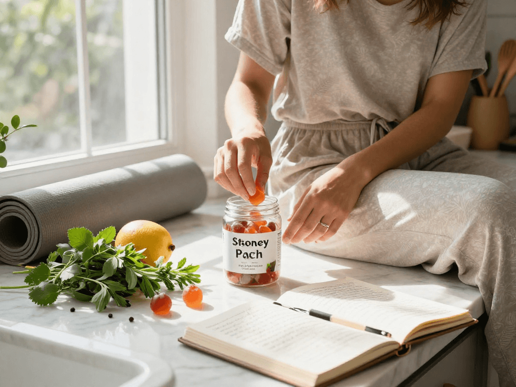 Stoney Patch review 500mg THC gummies shown in a wellness kitchen setting with organic fruits and herbs, highlighting natural health benefits.