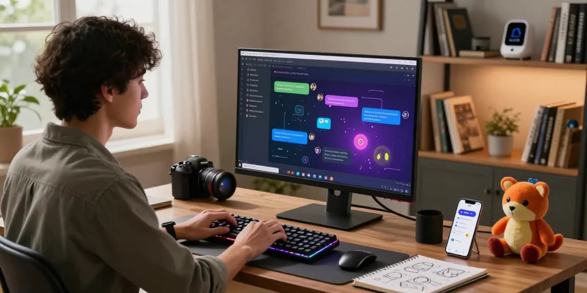 User enjoying interactive conversations with Kobold AI in a cozy home office setting.