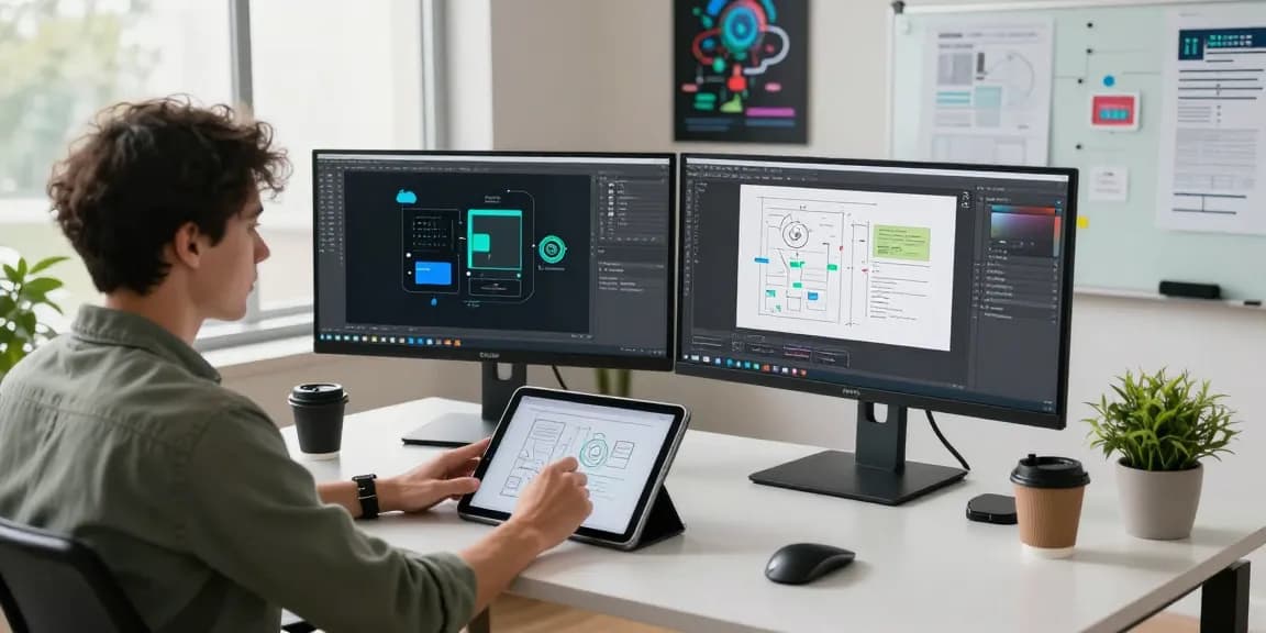 Developer using Snipaste官网 tools in a modern workspace, showcasing screenshot functionalities and creative annotations.