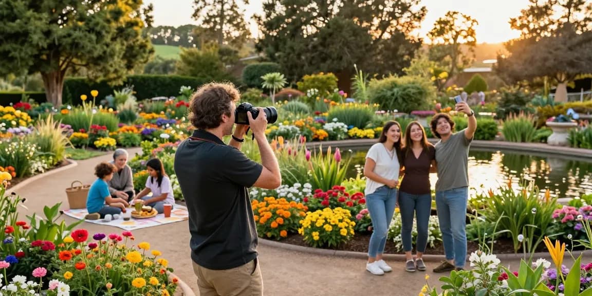 Joyful traveler at Capay Valley Garden Tour capturing scenic beauty amid vibrant flowers.