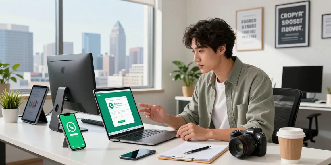 Using WhatsApp電腦版 on a modern workspace with laptop and smartphone, inspiring productivity.