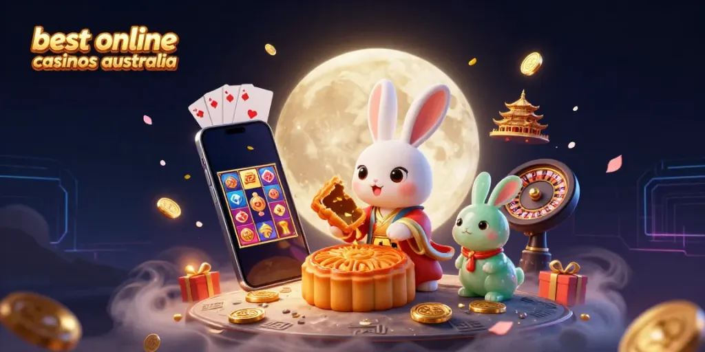 Experience the thrill of the best online casinos Australia with a vibrant lunar-themed illustration featuring casino elements.