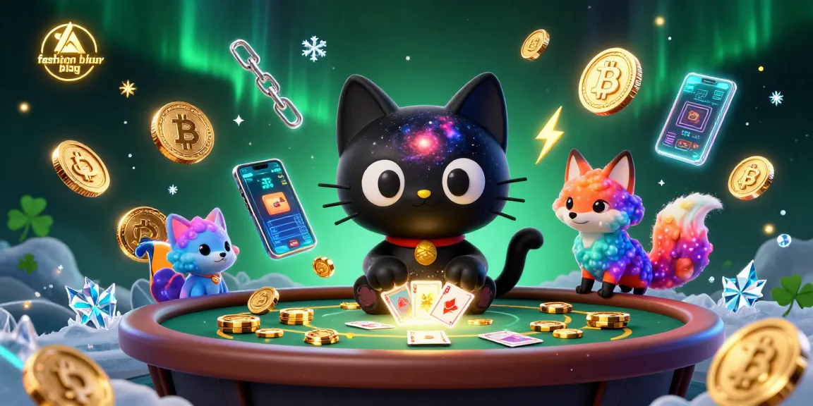 Engaging fashion blog scene with a cosmic casino vibe, showcasing a black hole cat and a nebula fox amidst vibrant gaming elements.