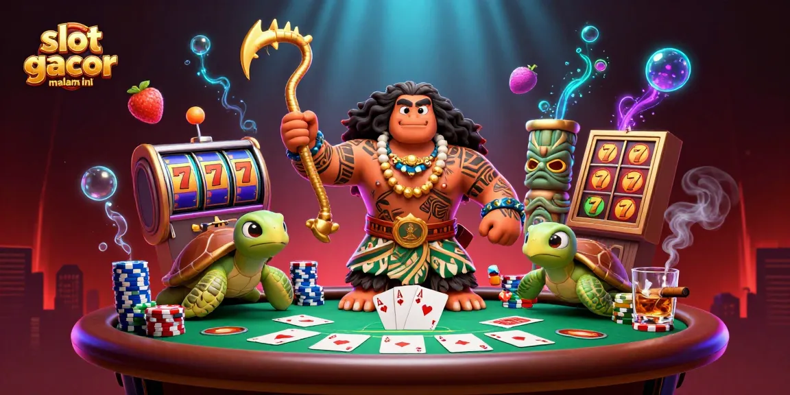 Slot gacor malam ini dengan tampilan ilustrasi 3D karakter kasino dan simbol permainan menarik.