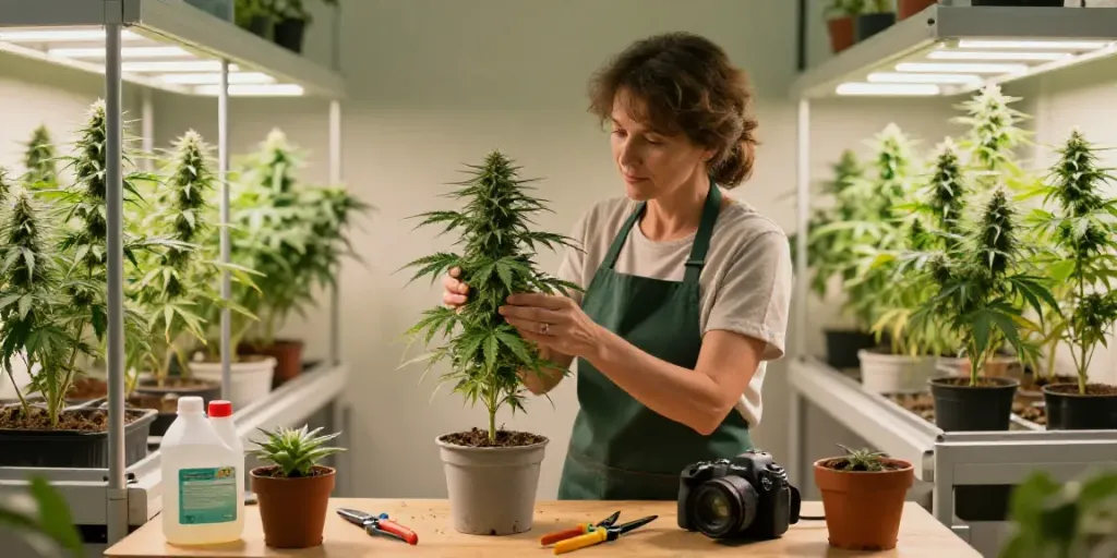 Detailreiche Indoor-Garten-Szene mit Autoflower Samen kaufen und einer Gärtnerin, die gesunde Cannabispflanzen pflegt.