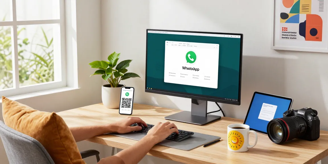 Using WhatsApp電腦版 on a stylish home office desk with modern tech and daylight.