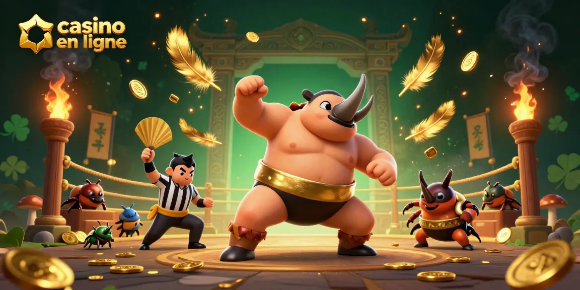 Jouer à des jeux de casino en ligne avec le rhinocéros sumo champion et des spectateurs en arrière-plan.
