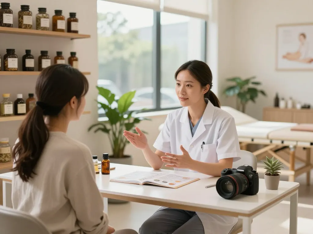 Consultation at 수원한의원 showcasing herbal treatments and patient care in a serene clinic atmosphere.