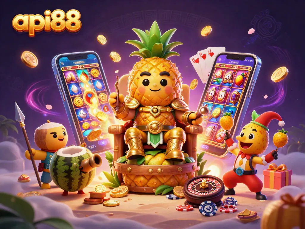 Join the vibrant game action at api88 with our golden pineapple king and lively casino scene!