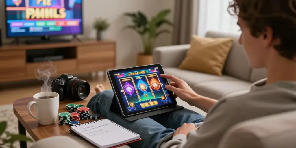 Enjoying online slots at home with luxury12, cozy relax atmosphere.