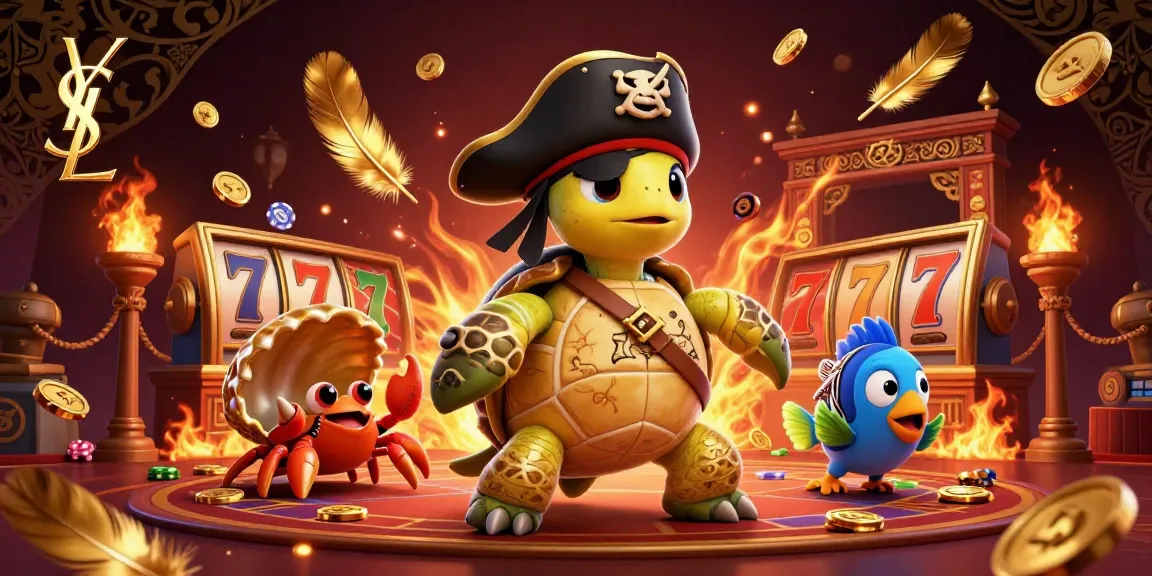 Experience epic wins at ysl casino with a vibrant scene featuring a pirate turtle, golden treasures, and slot reels.
