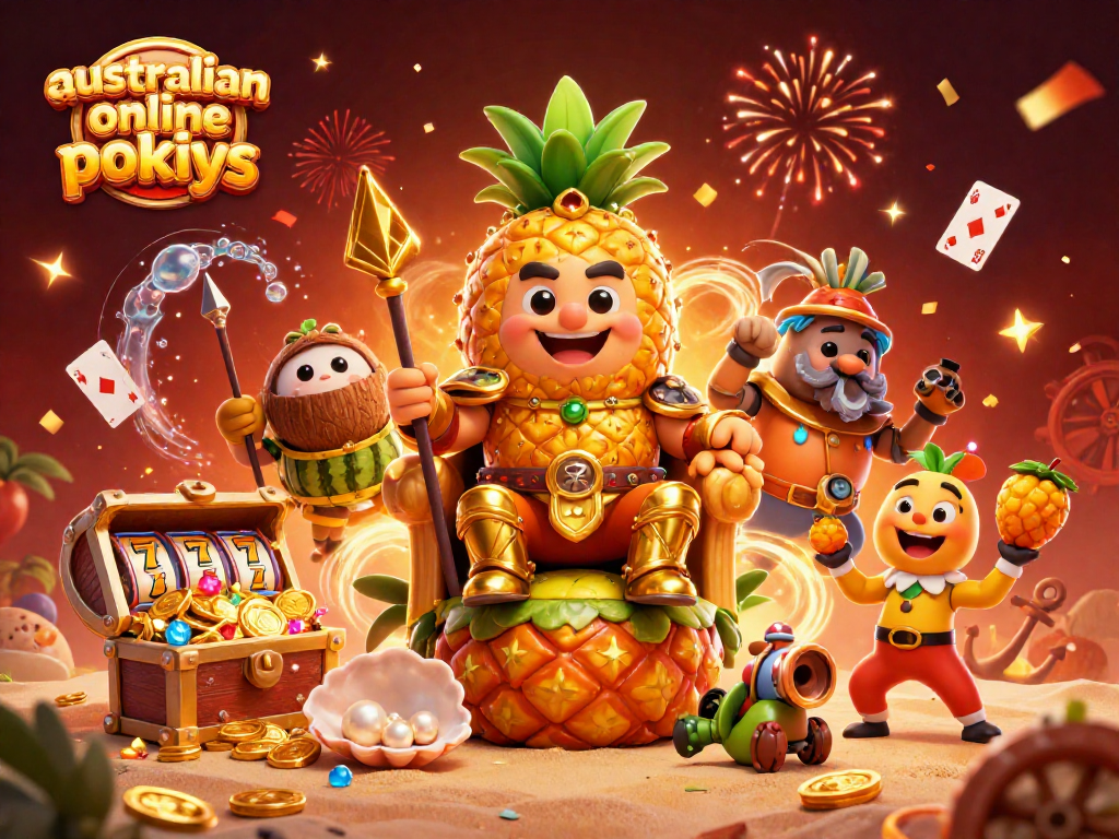 Experience exciting australian online pokies with vibrant casino characters in a dynamic 3D beach scene.
