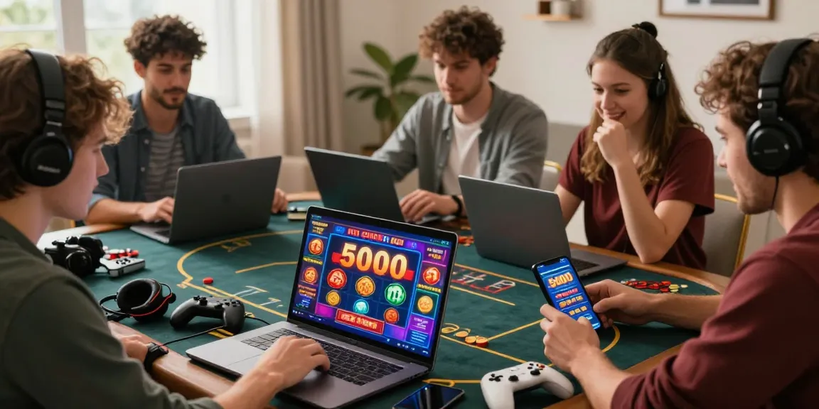 Engaging online gaming scene highlighting slot deposit 5000, friends celebrating wins while playing diverse casino games in a cozy home setup.