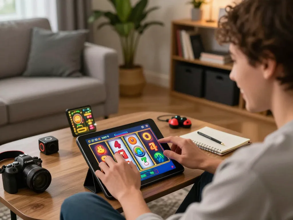 Experience the slot bonus 100 excitement as a player spins vibrant reels on a tablet at home