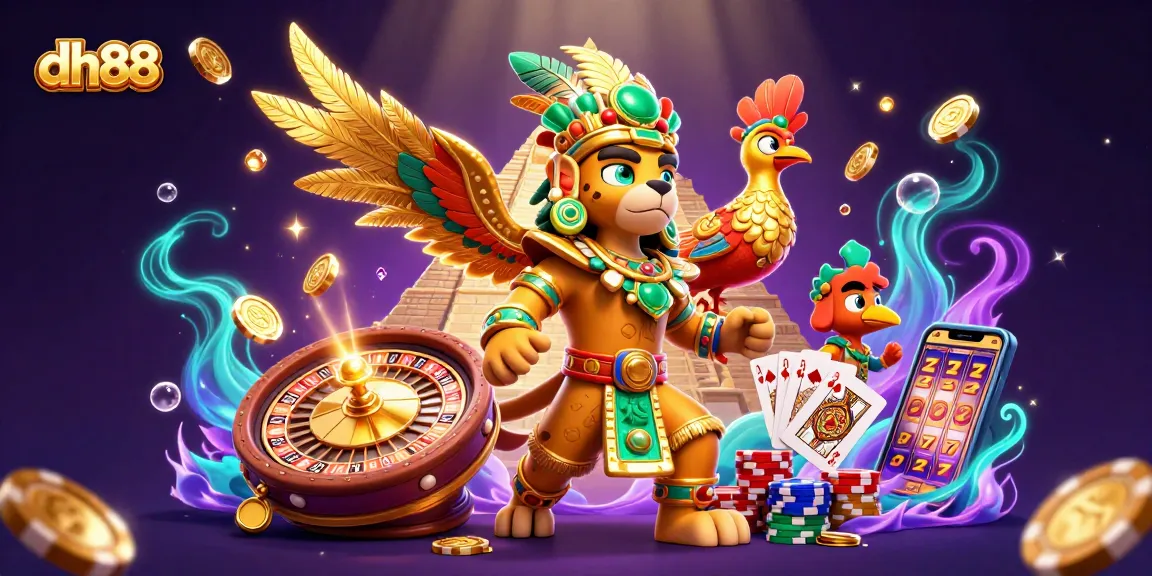 dh88's vibrant casino scene showcasing a Mayan priest, gems, and exciting gaming elements