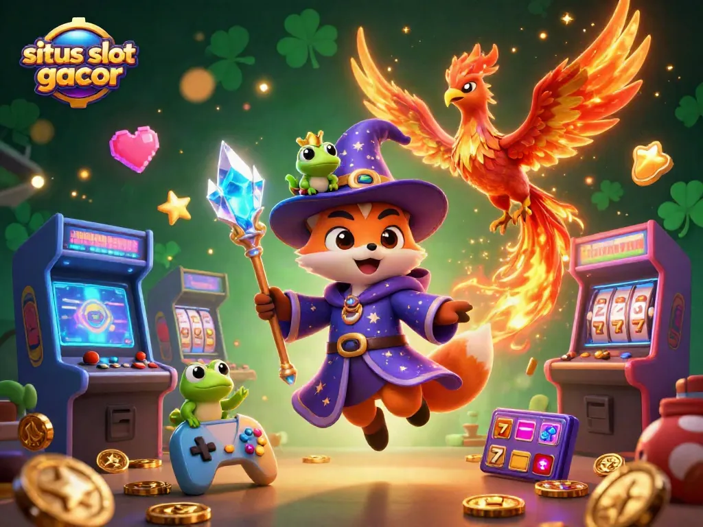 Gambarlah situs slot gacor dengan karakter slot dan simbol keberuntungan yang dinamis.