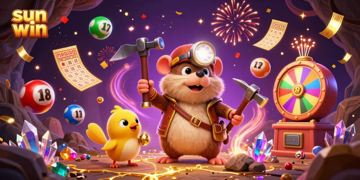 Engage with sun win's thrilling casino games, featuring colorful lottery elements and an adventurous mole character.