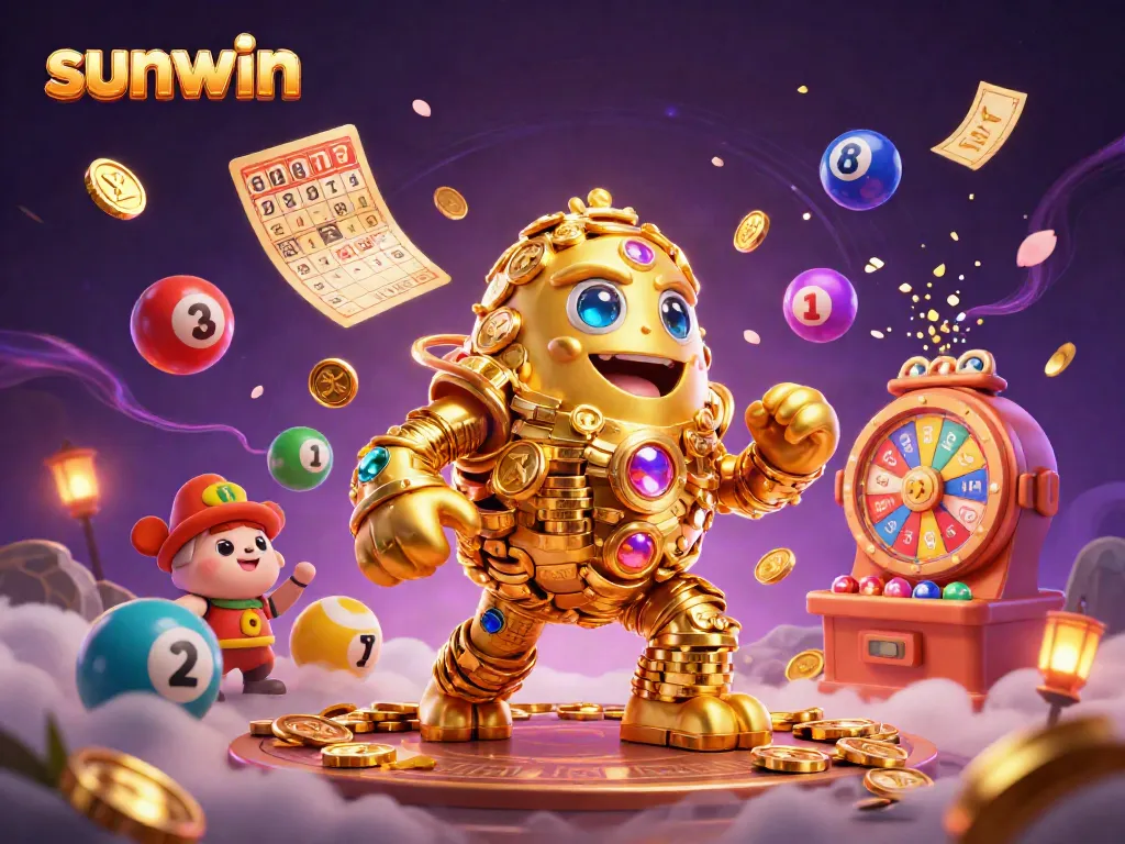 Engage in thrilling gameplay with sunwin's stunning ancient golden golem and vibrant casino elements like spinning wheels and lottery balls.