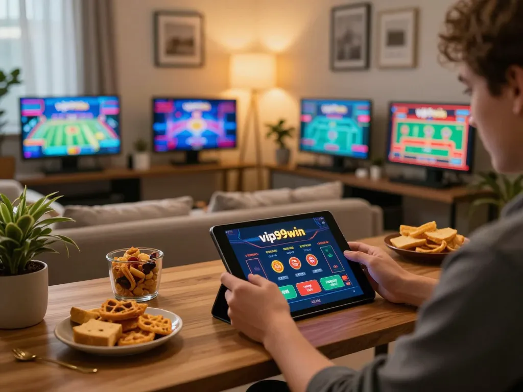 User engaging with the vip99win casino app on tablet in a cozy home gaming setup, showcasing online gambling excitement.