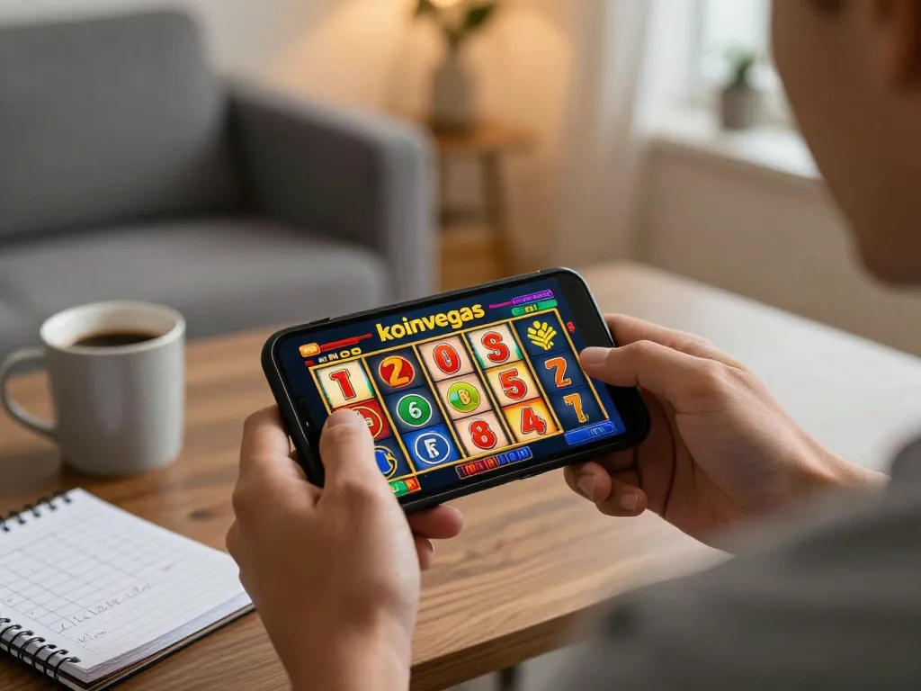 Playing koinvegas slot on a smartphone in a cozy home setting, showcasing excitement in online gaming.
