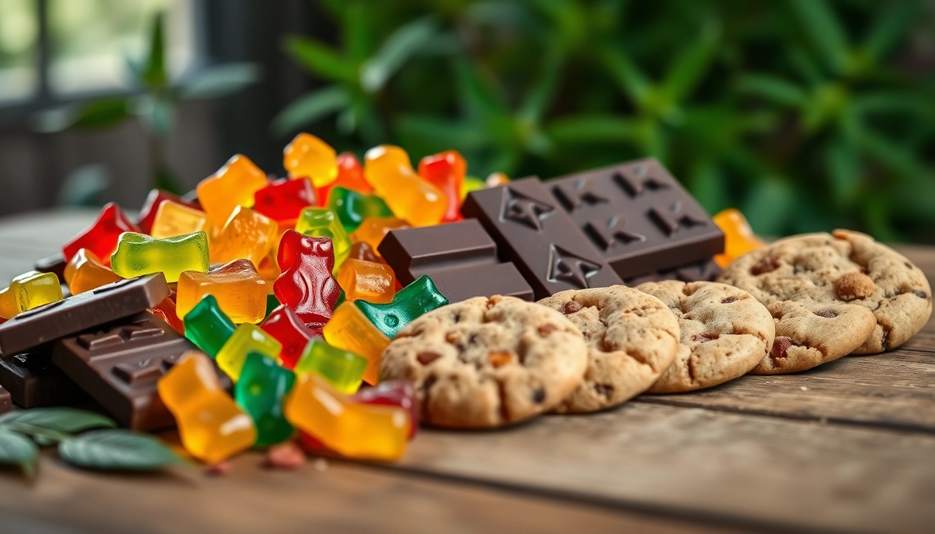 Showcase of THC edible uk with colorful gummies, chocolates, and cookies on a rustic table.
