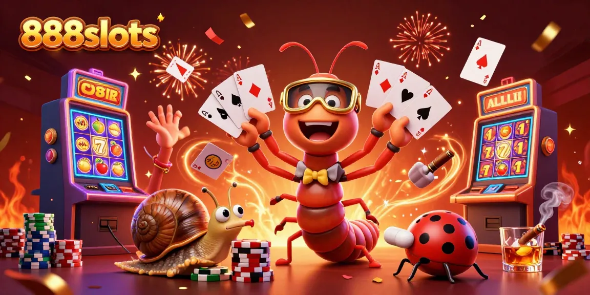 Experience the thrilling action at 888slots with a lively casino scene featuring unique characters and vibrant game elements.