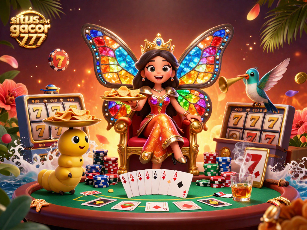 Spark thrilling wins with situs slot gacor 777 as the butterfly queen presides over a vibrant 3D casino scene.