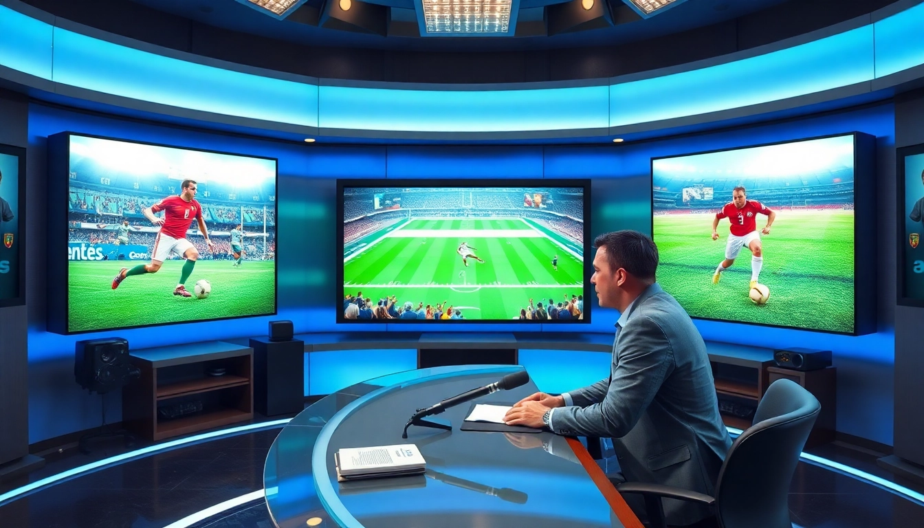 Engaging scene of sports broadcasting with a host and live-screen displays.