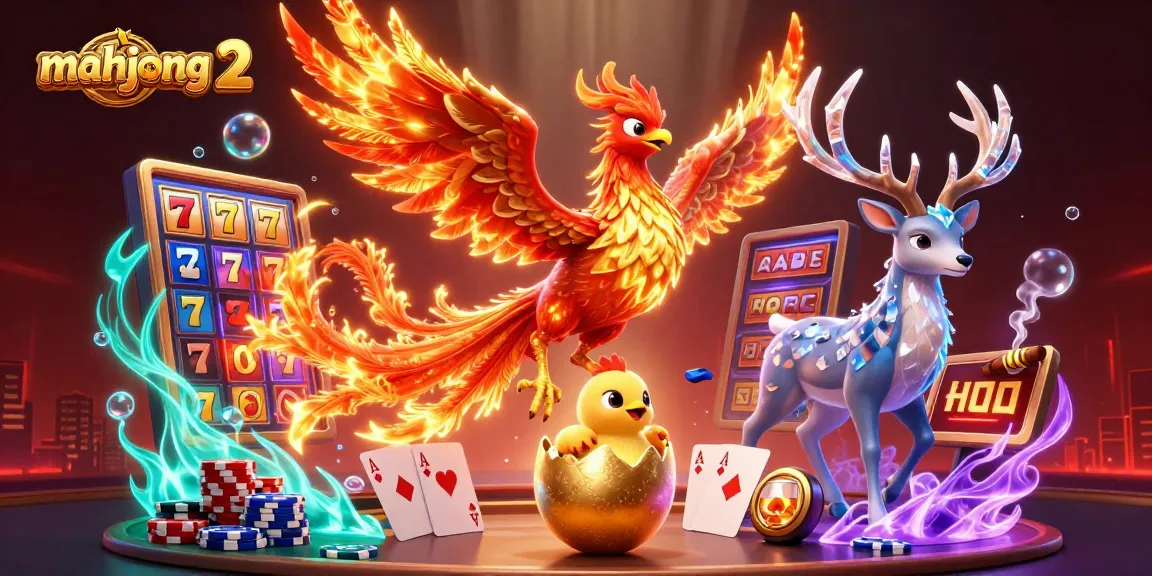 Experience the excitement of mahjong 2 with stunning slot reels, poker elements, and a fiery phoenix.