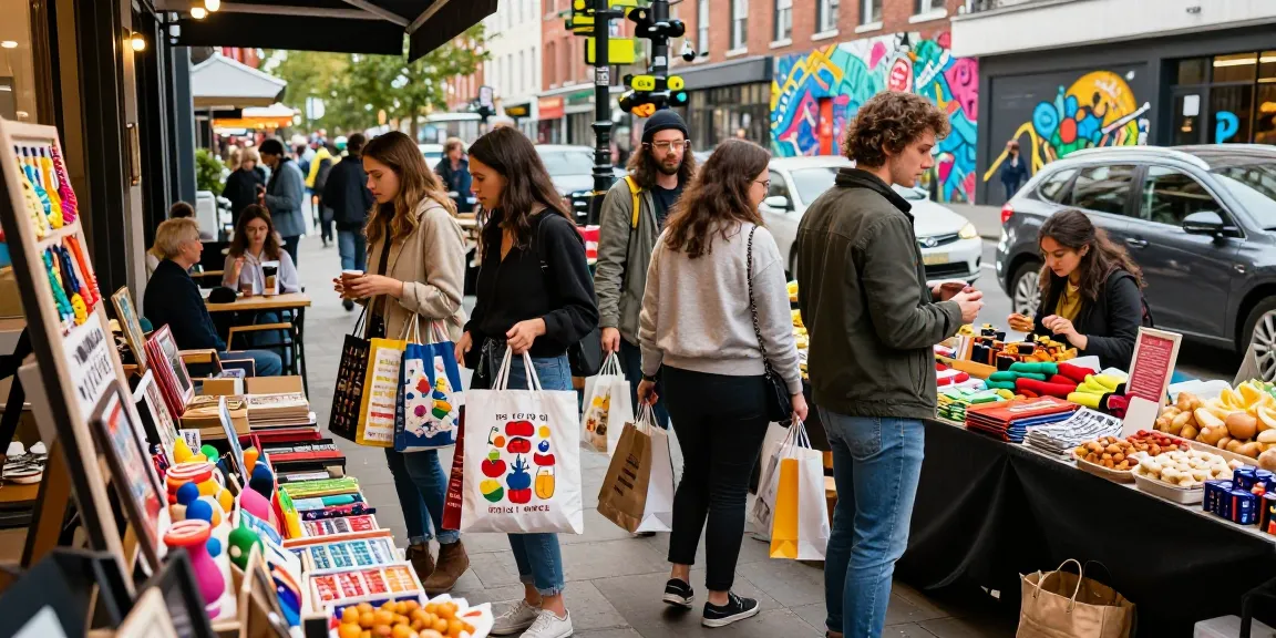 Joyful friends shopping together in a vibrant urban marketplace, exploring local shops and handcrafted goods.