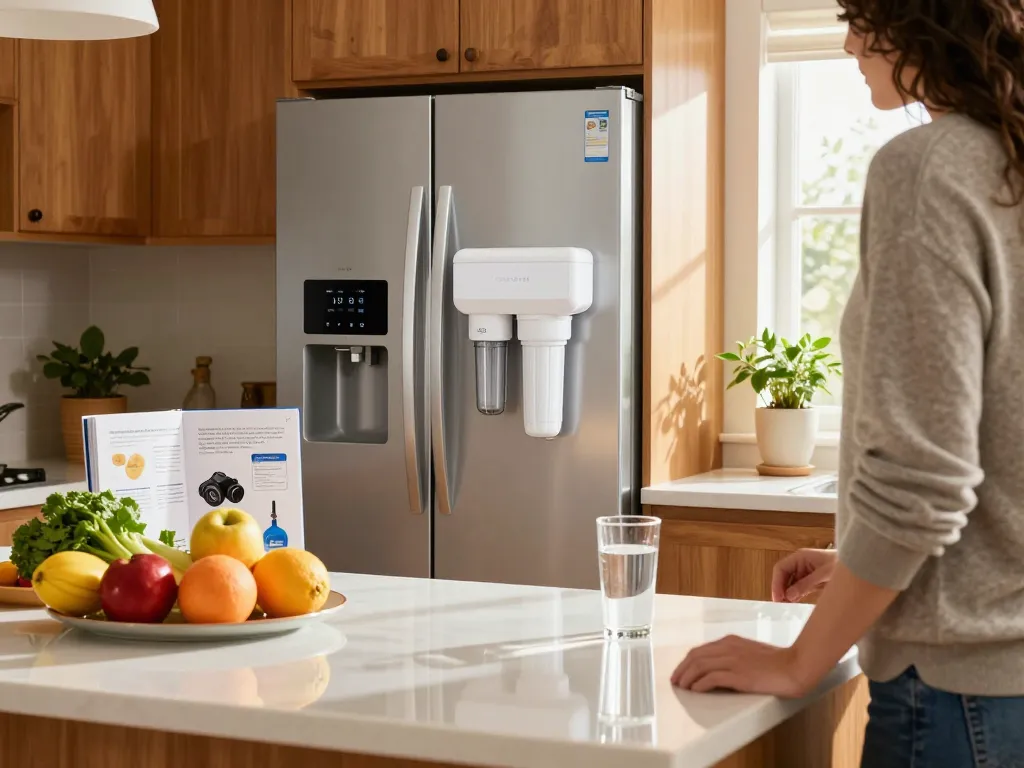 AQUA CREST ADQ73613401 Refrigerator Water Filter displayed in a modern kitchen, emphasizing health and wellness.