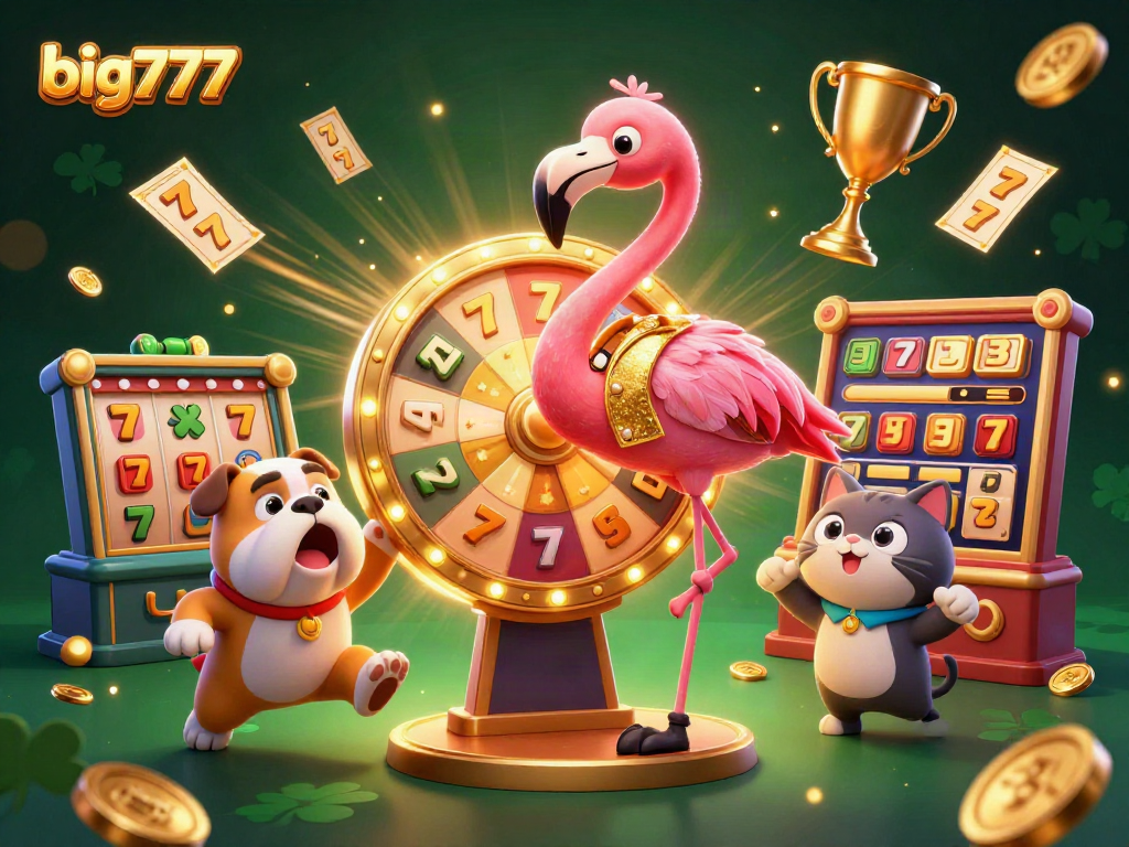 See the big777 mascot in a vibrant casino scene with slot reels, gold coins, and an excited bulldog contestant.