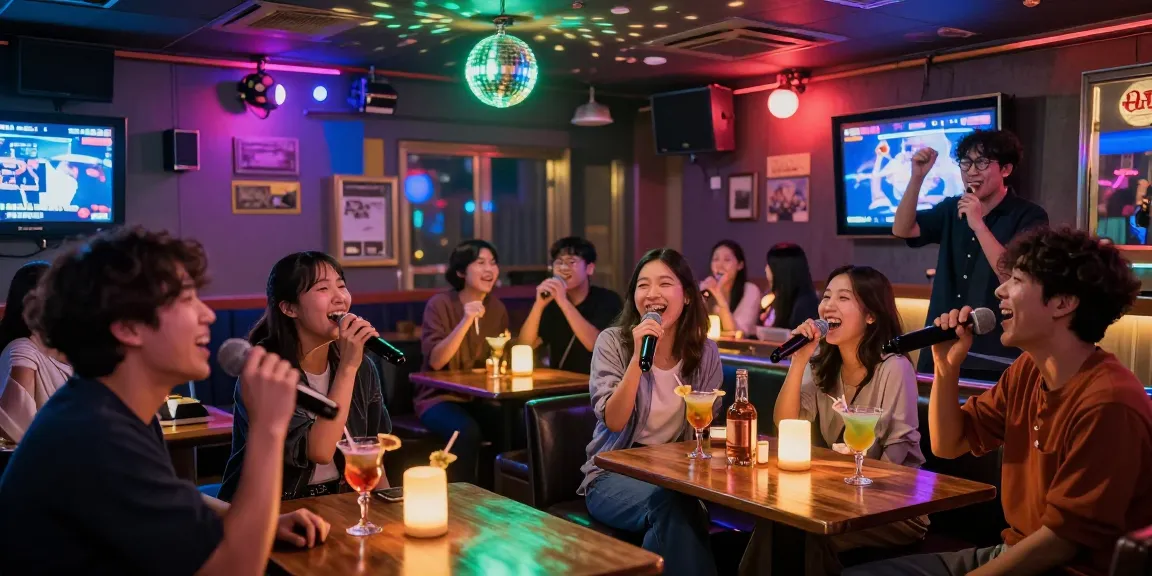 Energetic 제주유흥 scene in a Jeju karaoke bar with lively patrons enjoying drinks and singing.
