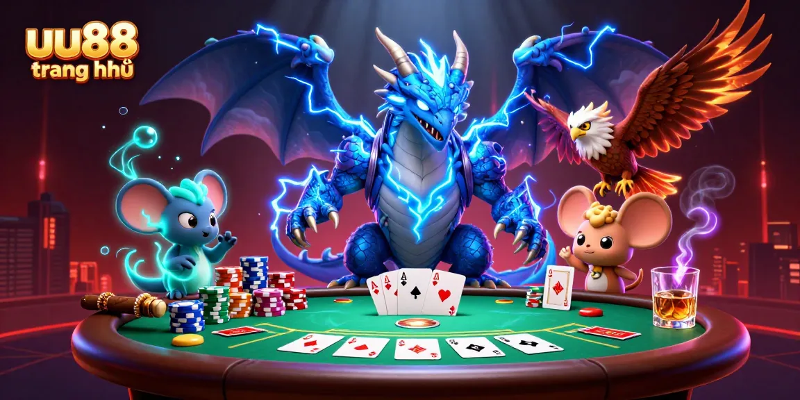 Engage with uu88 trang chủ in a thrilling poker atmosphere featuring lightning dragon and gambling elements