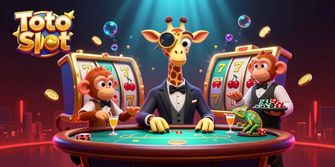 Experience thrilling Toto Slot action with a high-roller giraffe, casino symbols, and vibrant elements.
