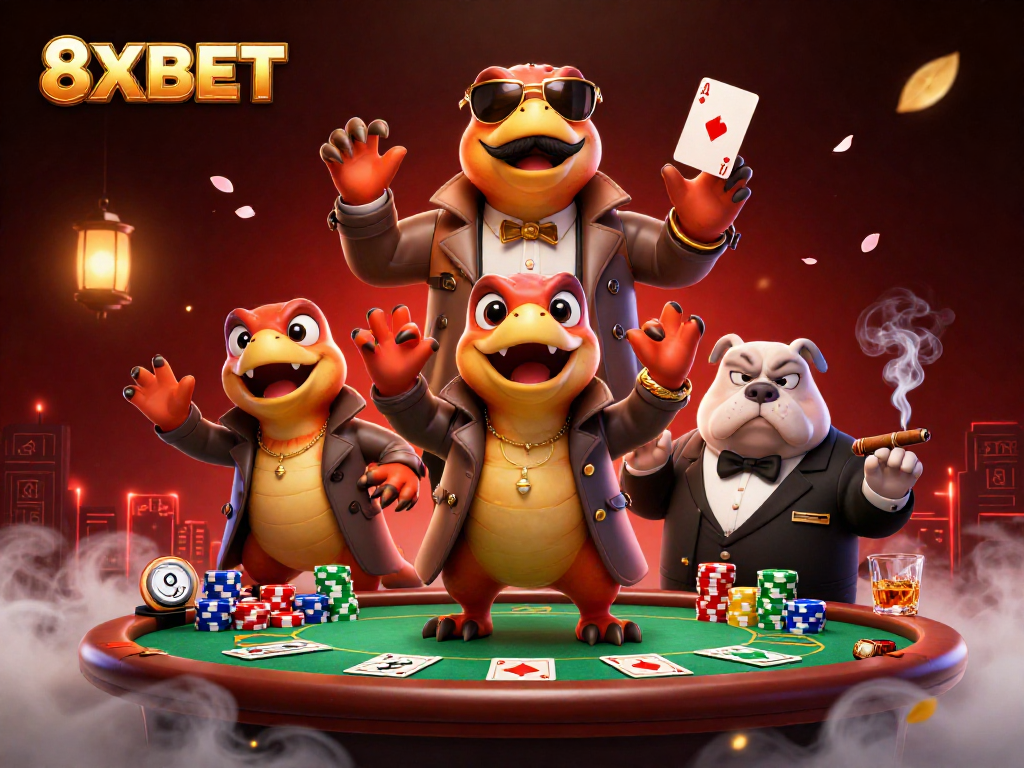 Experience gaming with 8XBET as three raptors in disguise attempt to enter an exclusive casino lounge.
