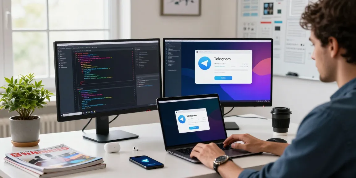 Engaging workspace focused on Telegram Download with tech enthusiast at a modern desk.