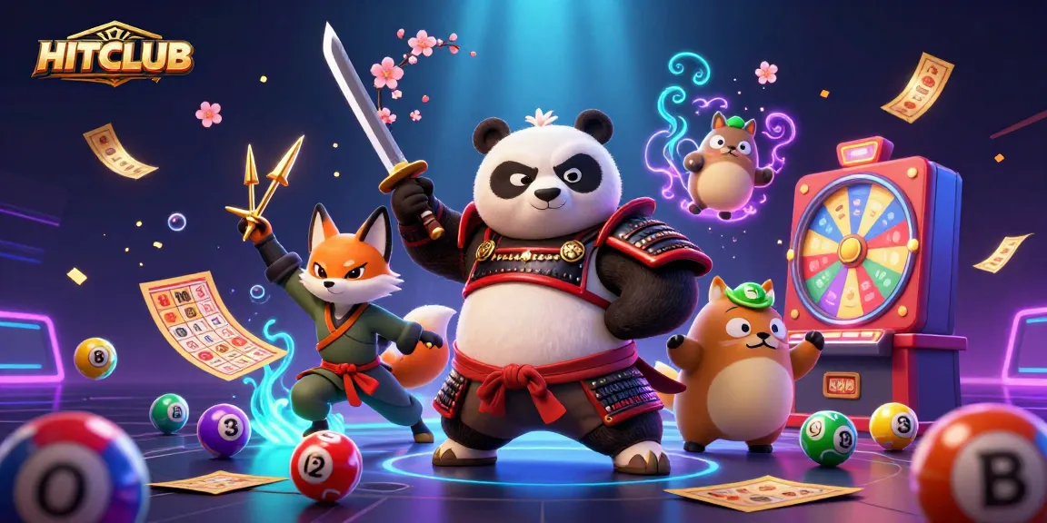 Experience the excitement of HITCLUB with a dynamic illustration featuring a samurai panda, ninja fox, and magical spirit in a vibrant casino scene.
