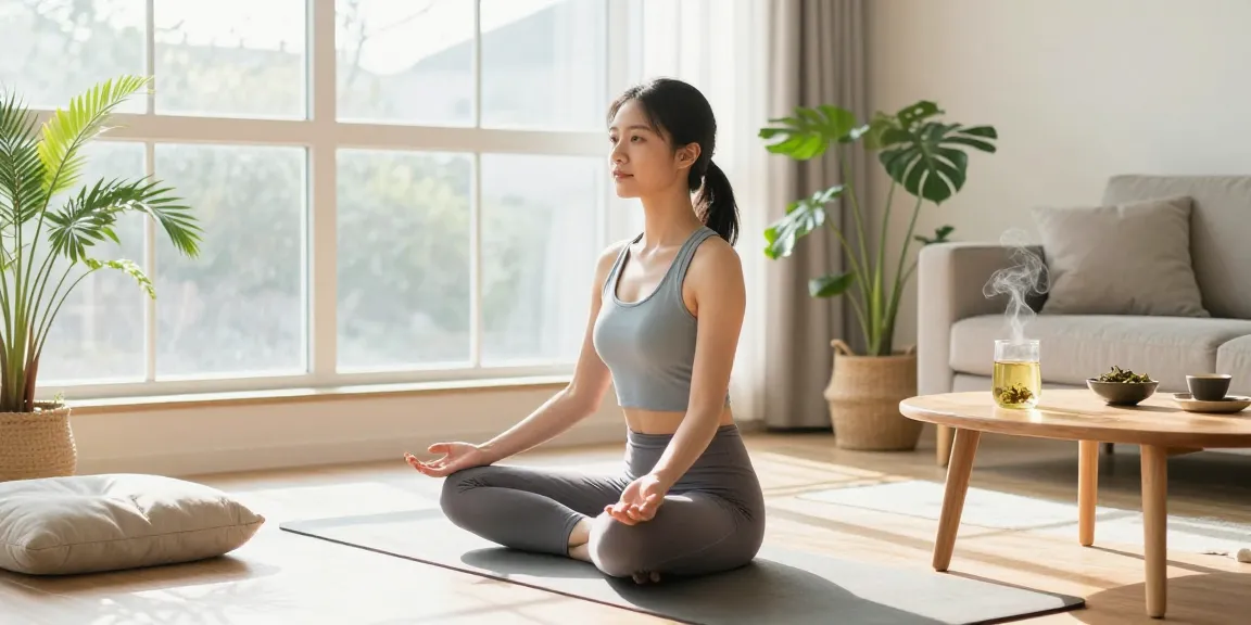 Woman practicing yoga in a calming home environment, showcasing cbdnorth.co's wellness focus.
