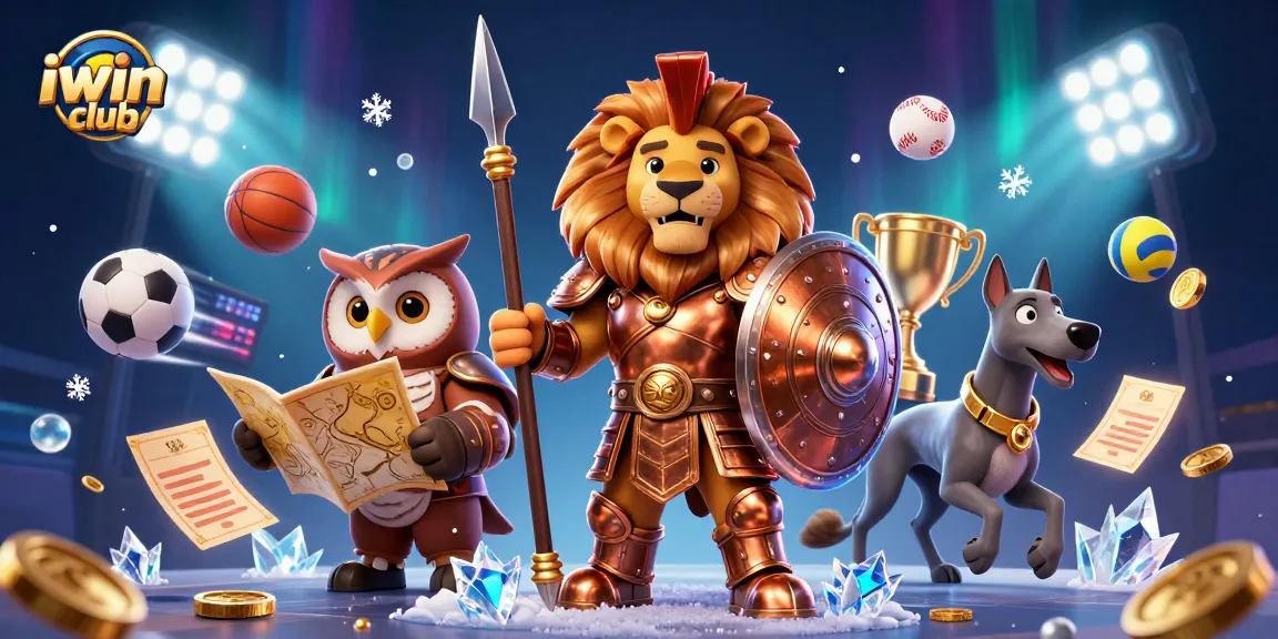 Engage in thrilling gameplay with iwin club's vibrant 3D casino illustration showcasing dynamic sports elements.