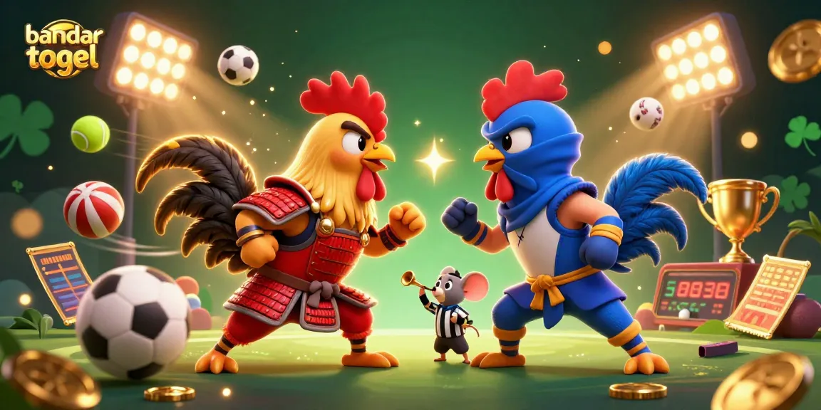 Experience thrilling bandar togel action with fighting roosters, vibrant sports elements, and exciting casino atmosphere.